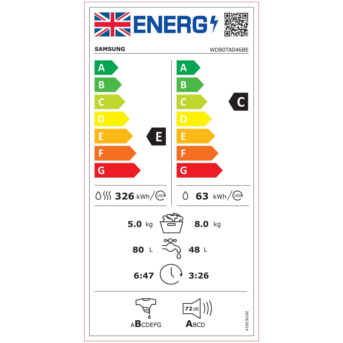 Samsung Series 5 WD80TA046BE/EU, 8kg/5kg, 1400rpm, Washer Dryer, E Rated in White - View 8