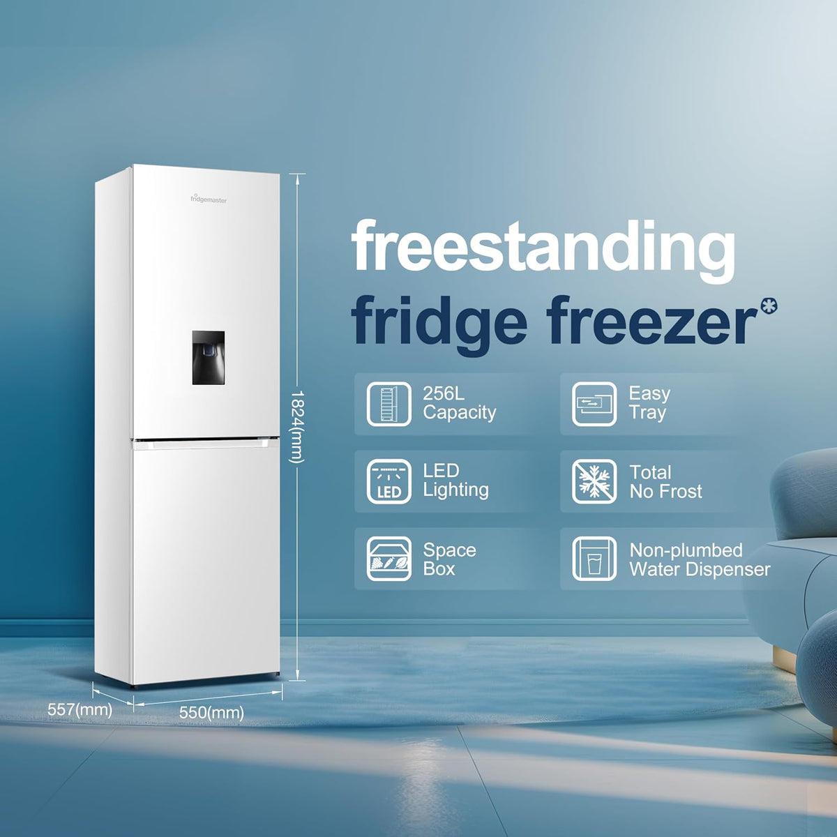 Freestanding Fridge Freezer 256L Frost Free Water Dispenser White - View 2