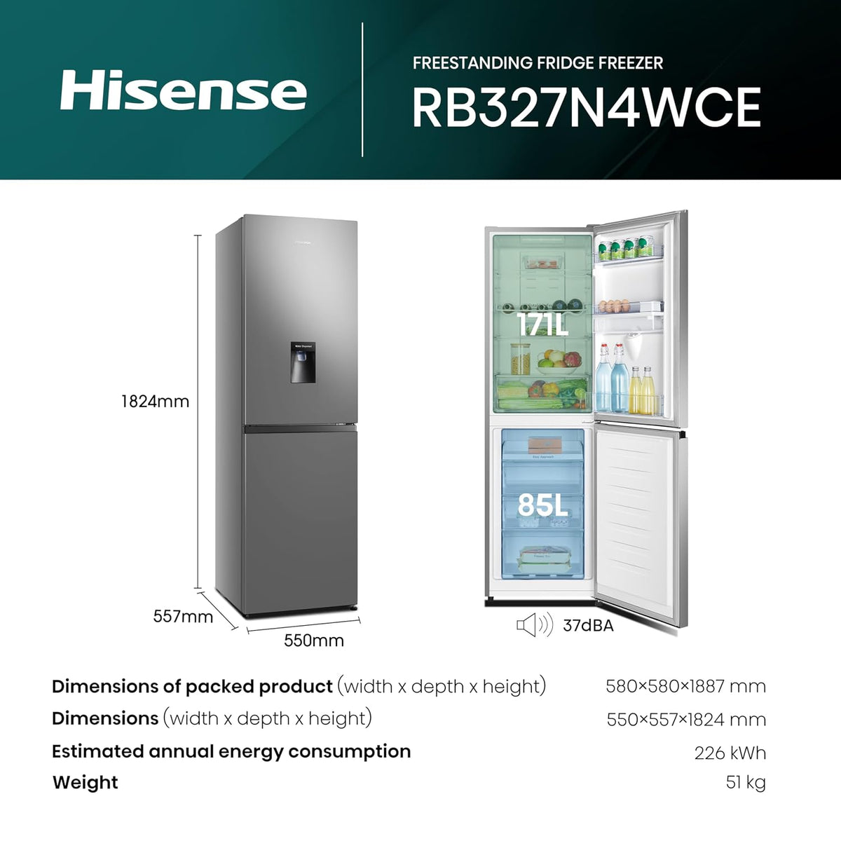 Freestanding Fridge Freezer 256L Total No Frost Water Dispenser Silver - View 2