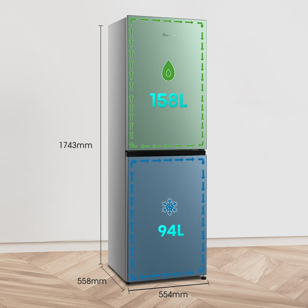 Freestanding Fridge Freezer 252L 50/50 No Frost LED Silver - View 3