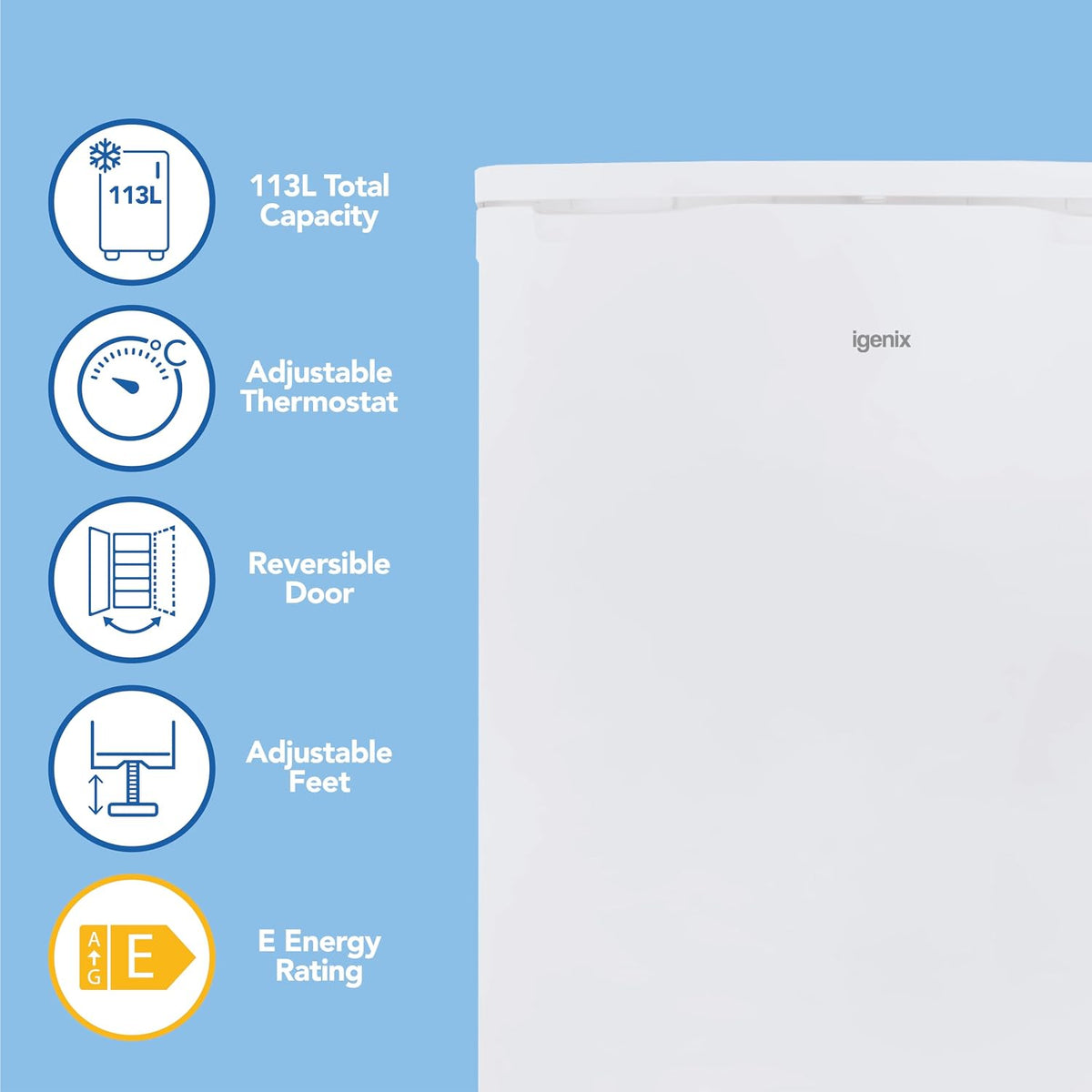Under Counter Fridge 97L Freestanding With Reversible Door White - View 2