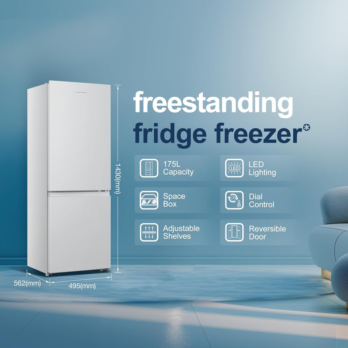 Freestanding Fridge Freezer 175L 60/40 Split E Rated White Reversible Door - View 2