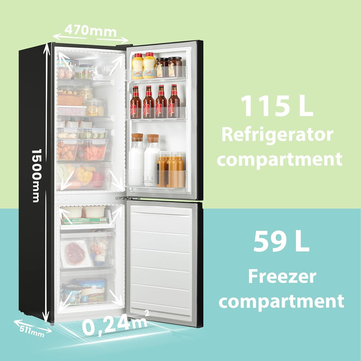 Freestanding Fridge Freezer 174L Low Frost Adjustable Thermostat LED Black - View 2