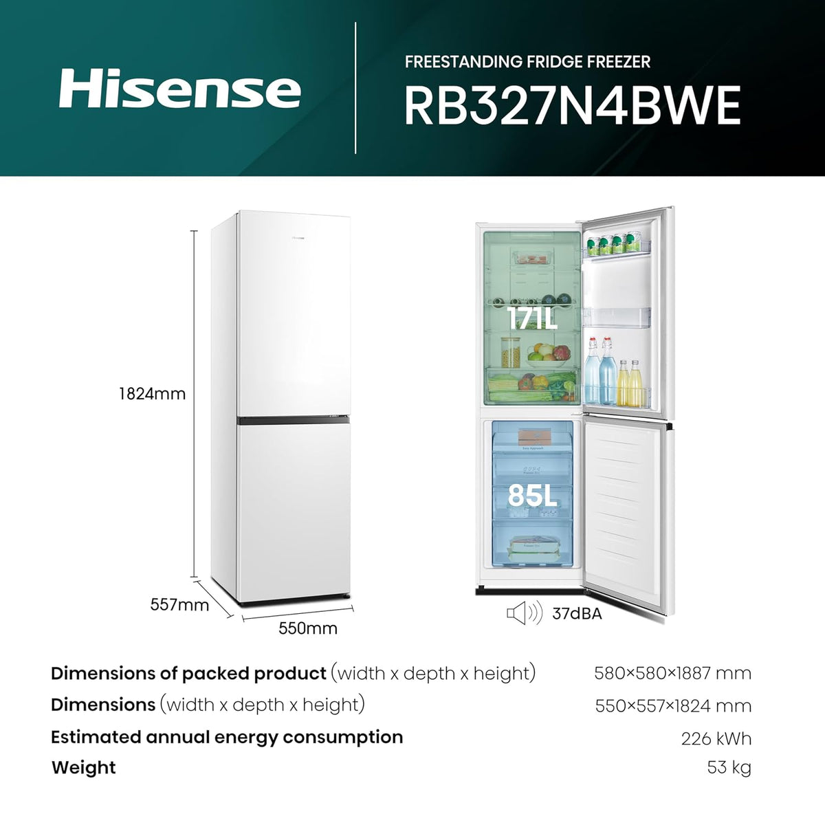 Freestanding Fridge Freezer 256L 50/50 Frost Free White - View 3