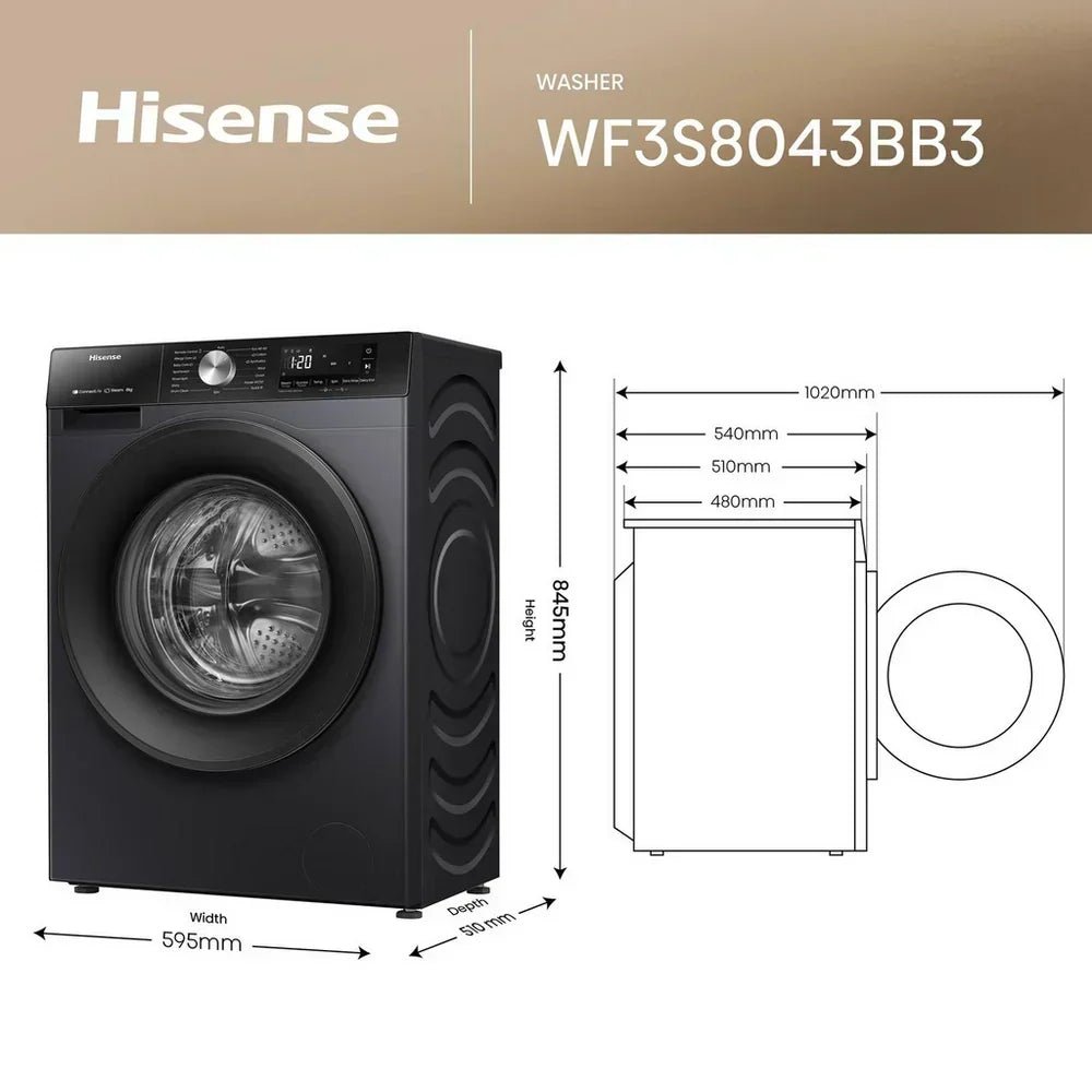 Hisense 3S Series WF3S8043BB3 WiFi-enabled 8kg 1400 Spin Washing Machine Black - A Rated - View 12