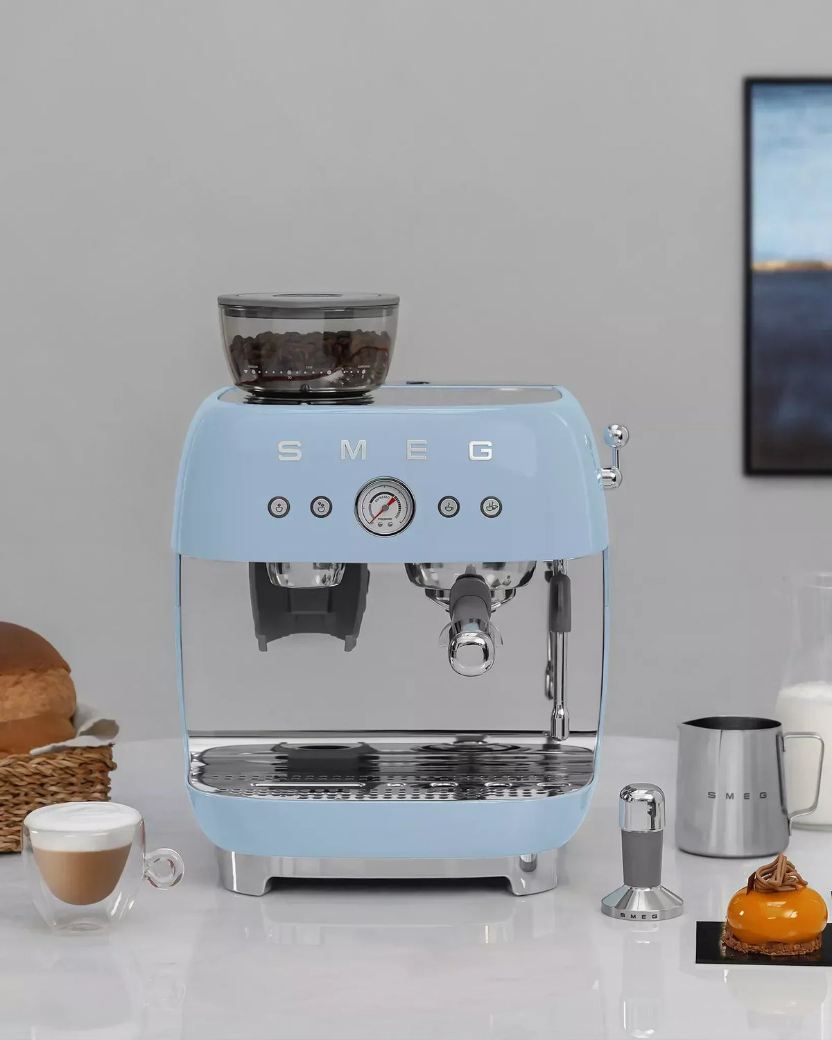 Smeg EGF03PBUK Retro Espresso Coffee Machine with Grinder in Pastel Blue - View 8