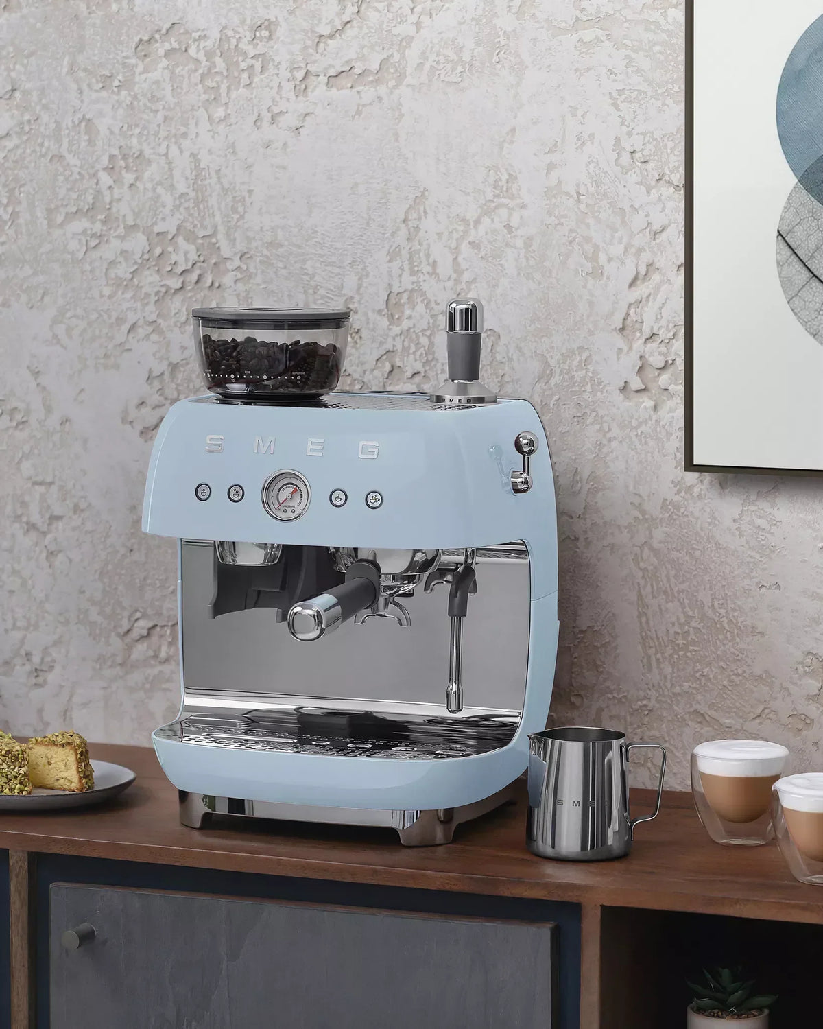 Smeg EGF03PBUK Retro Espresso Coffee Machine with Grinder in Pastel Blue - View 7
