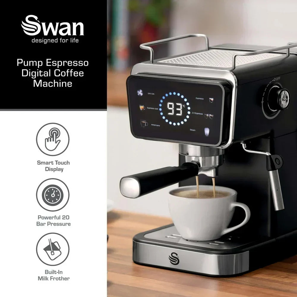 Swan SK22113BLK Espresso Digital Coffee Machine with Built-in Milk Frother - Black - View 5