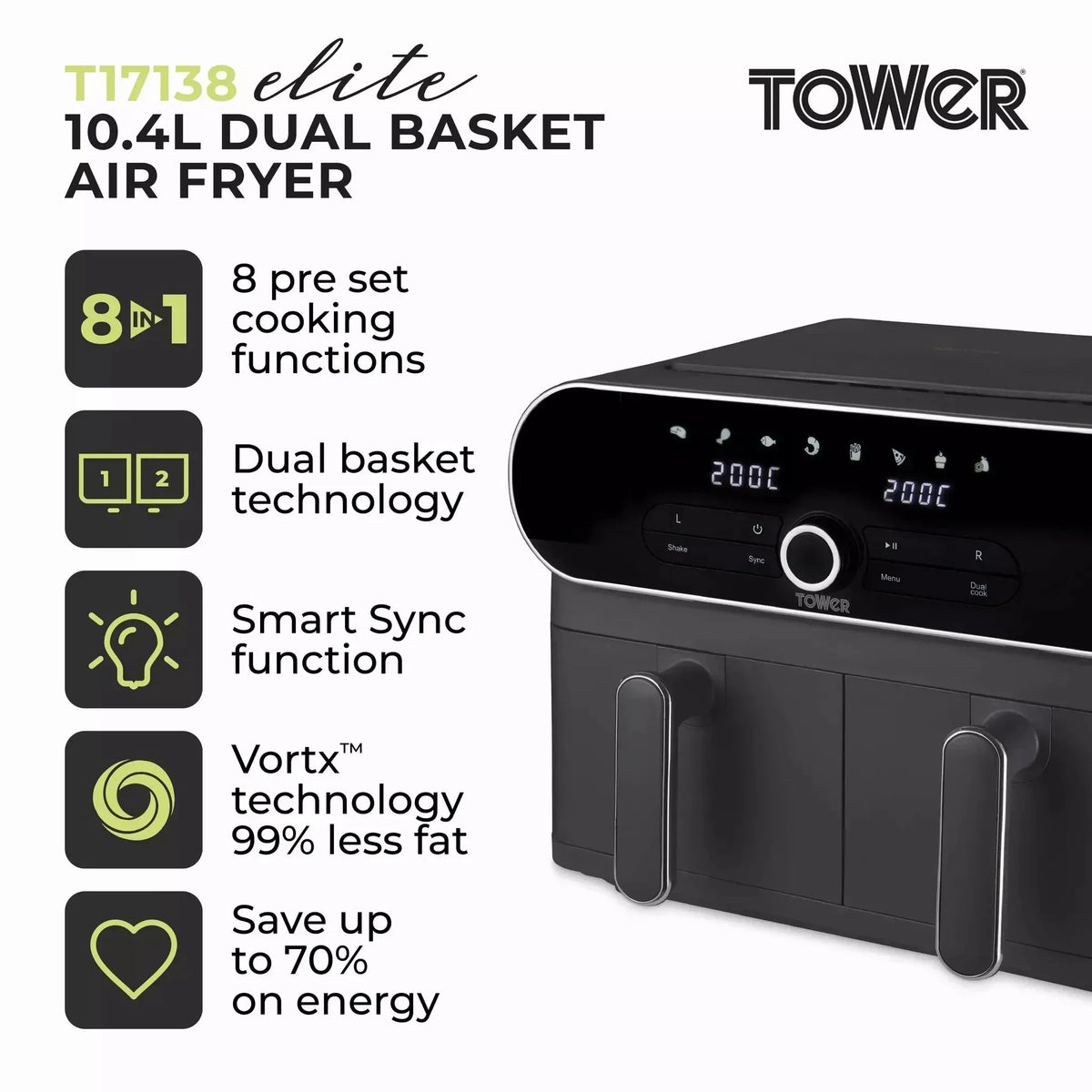 Tower T17138 Vortx Elite 10.4L Dual Basket Air Fryer Grey - View 2