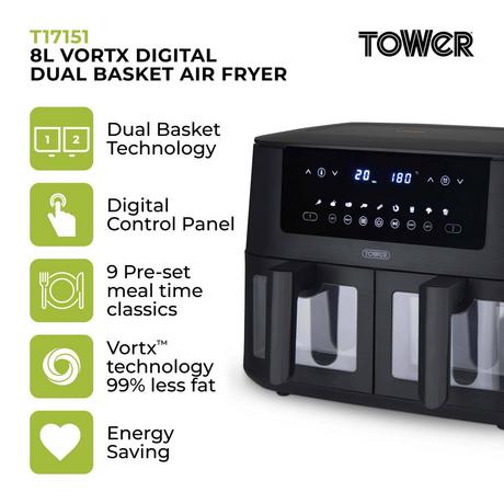 Tower T17151 Vortx Vizion 8L Digital Dual Basket Air Fryer Black - View 2