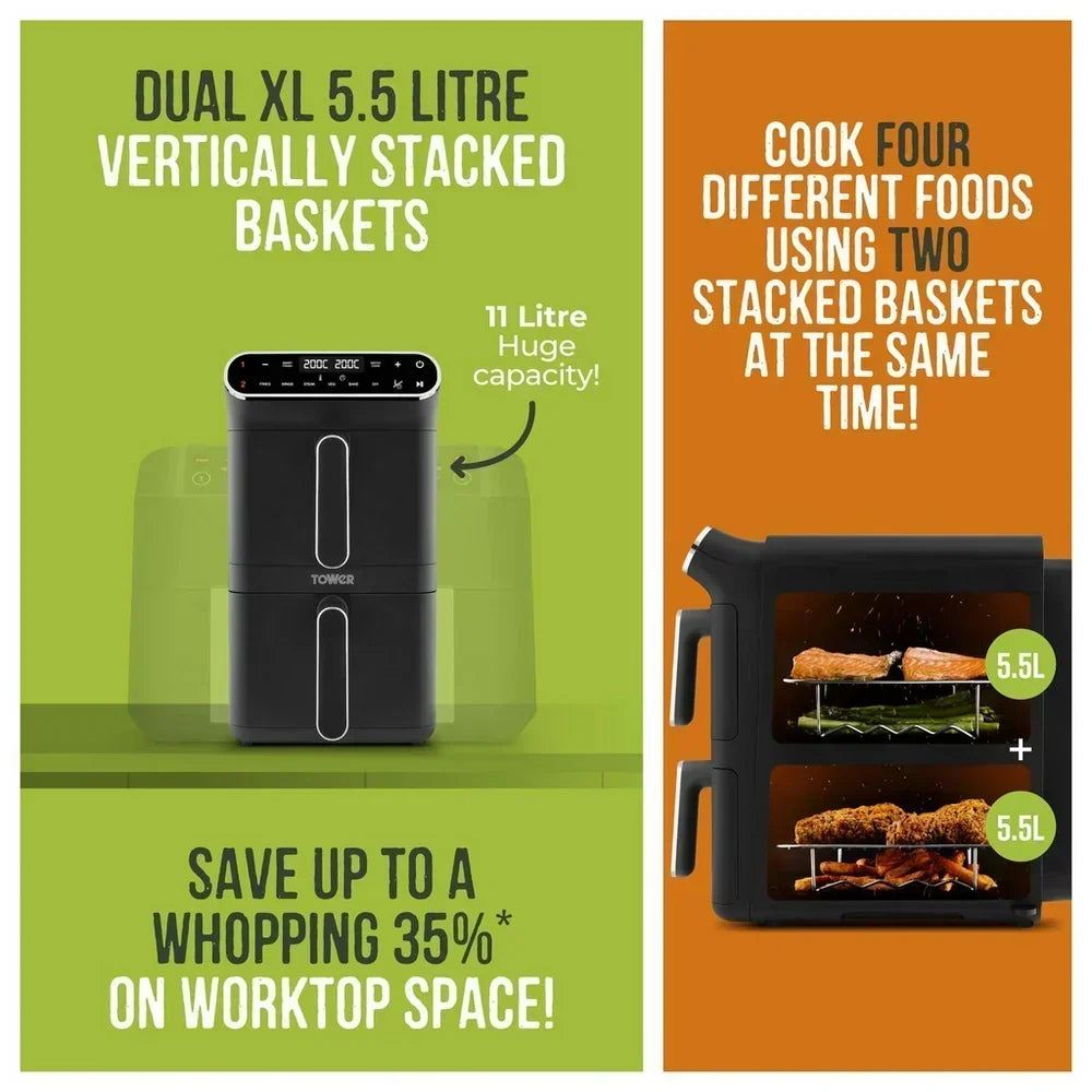 Tower T17190 Vortx 11L Dual Layer Air Fryer - Black with Chrome Trim - View 3