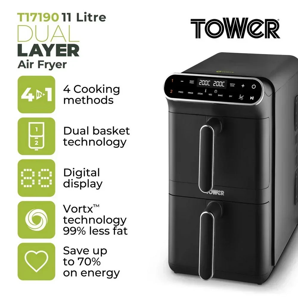 Tower T17190 Vortx 11L Dual Layer Air Fryer - Black with Chrome Trim - View 2